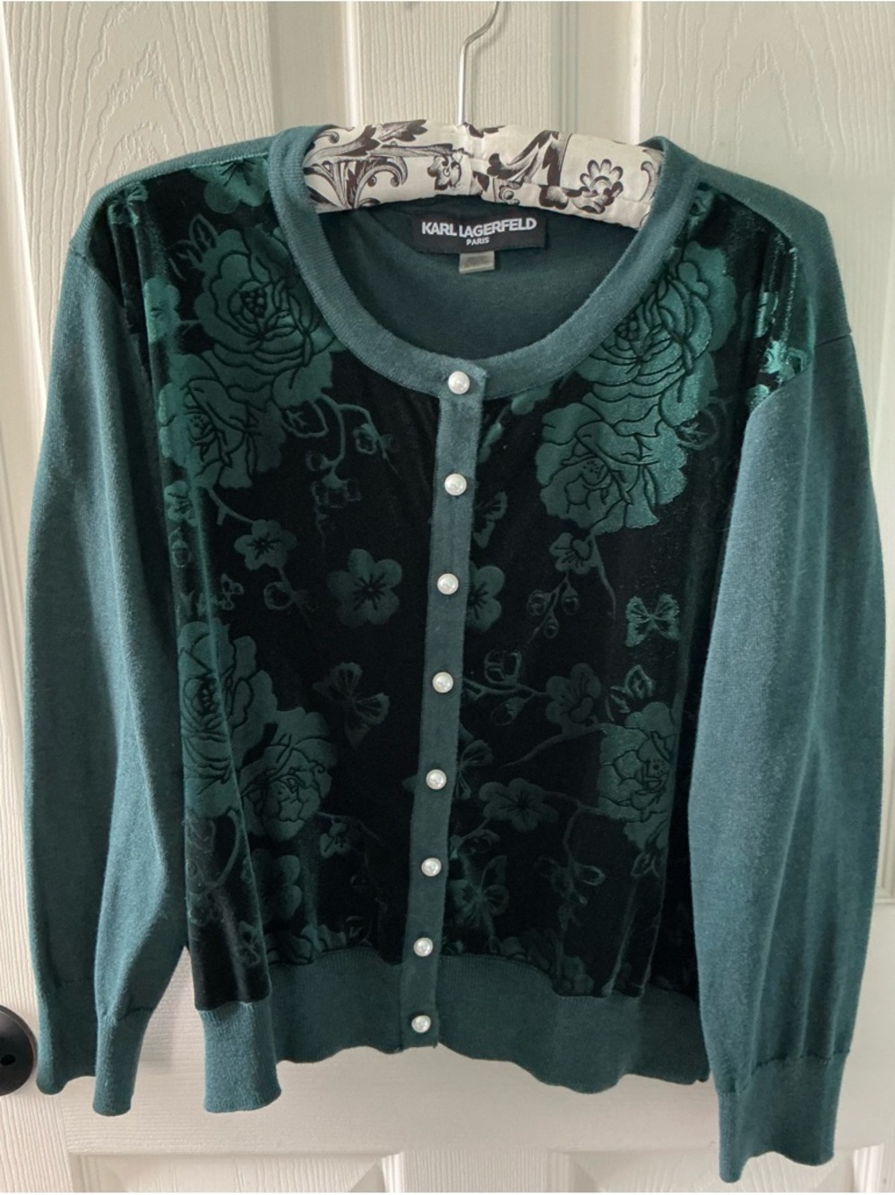 Karl Lagerfeld Emerald Velvet-Panel Cropped Cardigan with Pearl Buttons
